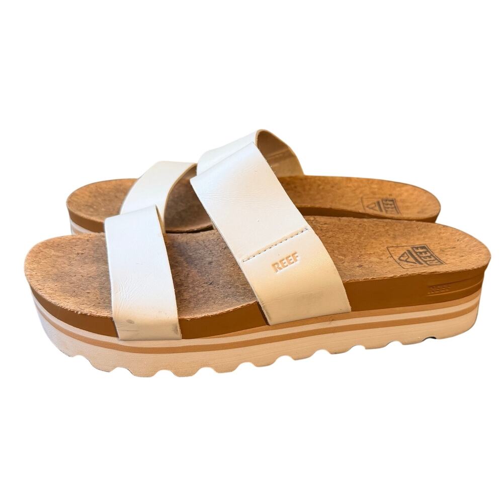 REEF Cushion Vista Hi Sandals Women's 9 White Strap Slides Cork Platform Beach